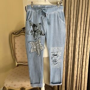 Gigi Moda Made in Italy Distressed Fashion Statement Pants w/Two Star Patches 28